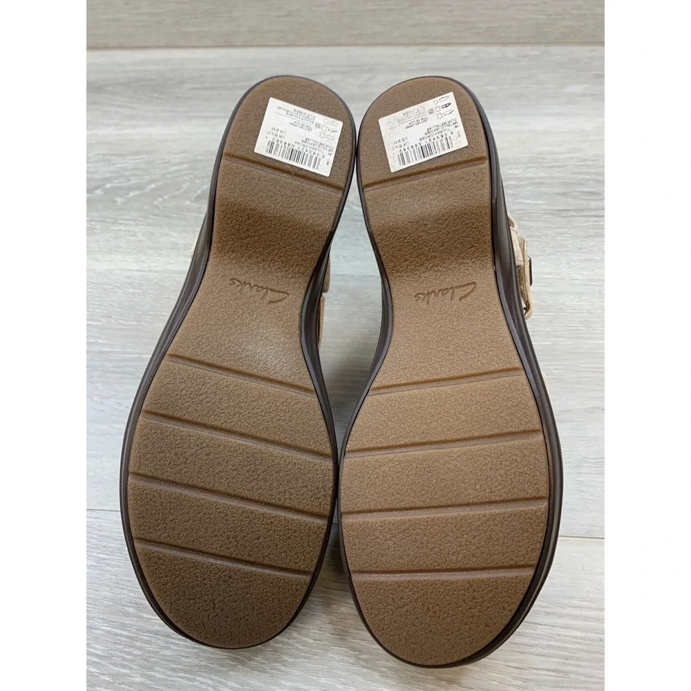 Clarks Women's Tuleah Cross Metallic Suede Wedge Sandals Beige 9 Comfort Shoes